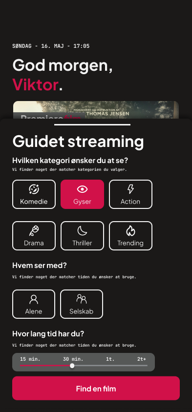 Skærmbillede af den guidede streaming i den nye YouSee Play app.